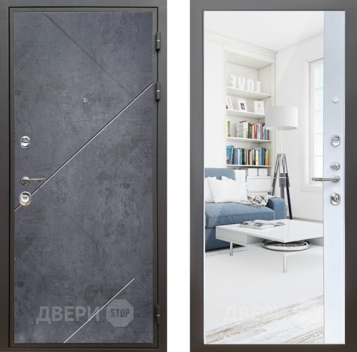 Входная металлическая Дверь Шелтер (SHELTER) Комфорт Бетон урбан индиго 14 с зеркалом Белый матовый в Подольск
