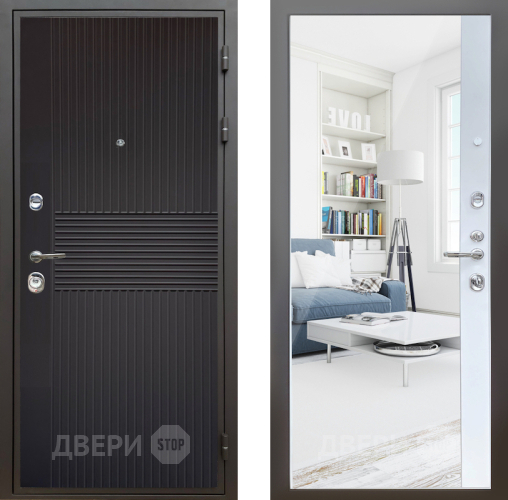 Входная металлическая Дверь Шелтер (SHELTER) Комфорт Черная шагрень 14 с зеркалом Белый матовый в Подольск