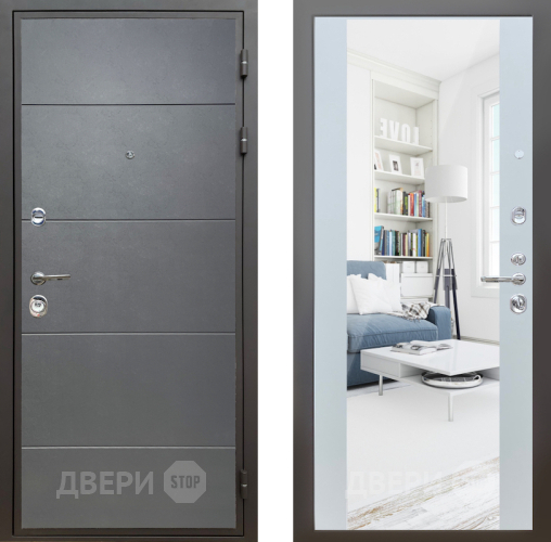 Входная металлическая Дверь Шелтер (SHELTER) Комфорт Лофт графит 13 с зеркалом Белый матовый в Подольск