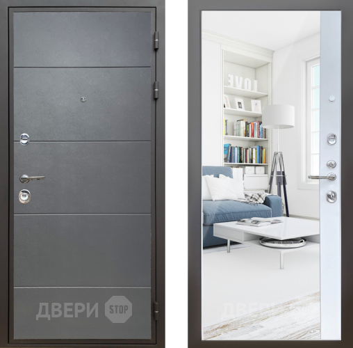 Входная металлическая Дверь Шелтер (SHELTER) Комфорт Лофт графит 14 с зеркалом Белый матовый в Подольск