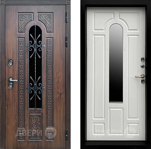 Входная металлическая Дверь Престиж TERMO с терморазрывом Лацио Дуб с окном и ковкой Белый матовый в Подольск