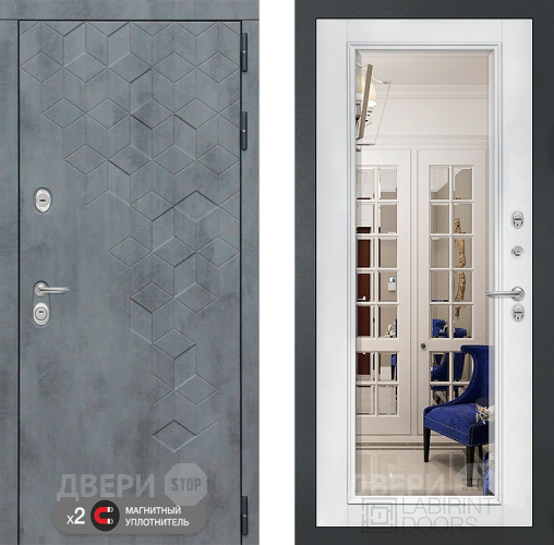 Входная металлическая Дверь Лабиринт (LABIRINT) Бетон Зеркало Фацет с багетом Белый софт в Подольск