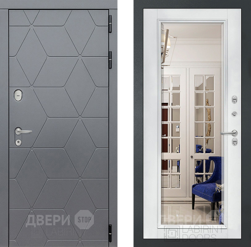 Входная металлическая Дверь Лабиринт (LABIRINT) Cosmo Зеркало Фацет с багетом Белый софт в Подольск