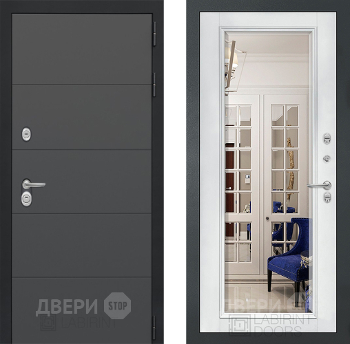 Дверь Лабиринт (LABIRINT) Art Зеркало Фацет с багетом Белый софт в Подольск