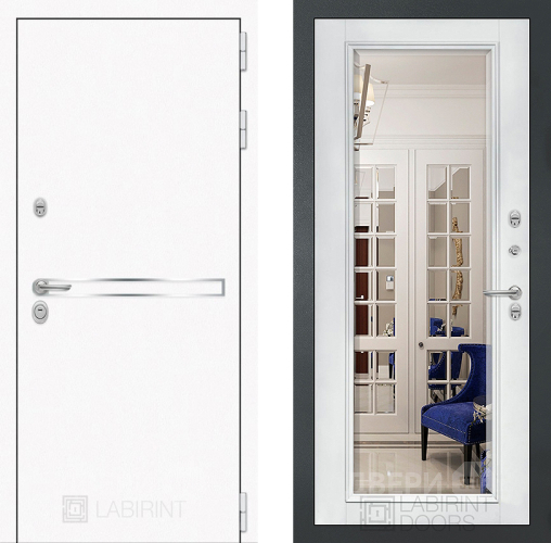 Входная металлическая Дверь Лабиринт (LABIRINT) Лайн White Зеркало Фацет с багетом Белый софт в Подольск
