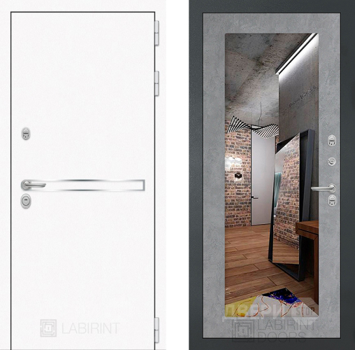 Входная металлическая Дверь Лабиринт (LABIRINT) Лайн White Зеркало 18 Бетон светлый в Подольск