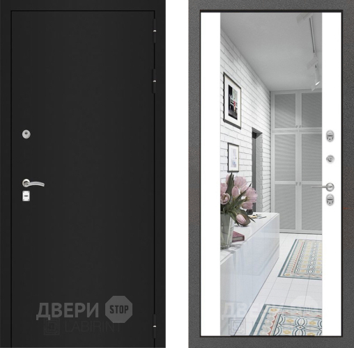 Входная металлическая Дверь Лабиринт (LABIRINT) Classic шагрень черная Зеркало Максимум Белый софт в Подольск