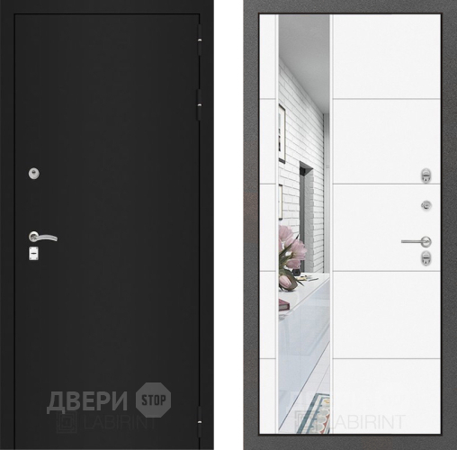 Входная металлическая Дверь Лабиринт (LABIRINT) Classic шагрень черная Зеркало 19 Белый софт в Подольск