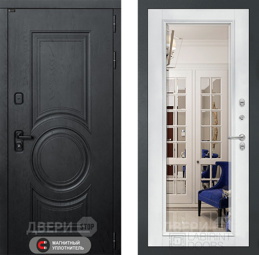 Входная металлическая Дверь Лабиринт (LABIRINT) Гранд Зеркало Фацет с багетом Белый софт в Подольск