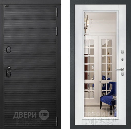 Входная металлическая Дверь Лабиринт (LABIRINT) Вулкано Зеркало Фацет с багетом Белый софт в Подольск