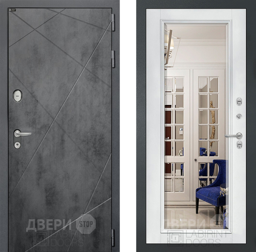 Входная металлическая Дверь Лабиринт (LABIRINT) Лофт Зеркало Фацет с багетом Белый софт в Подольск