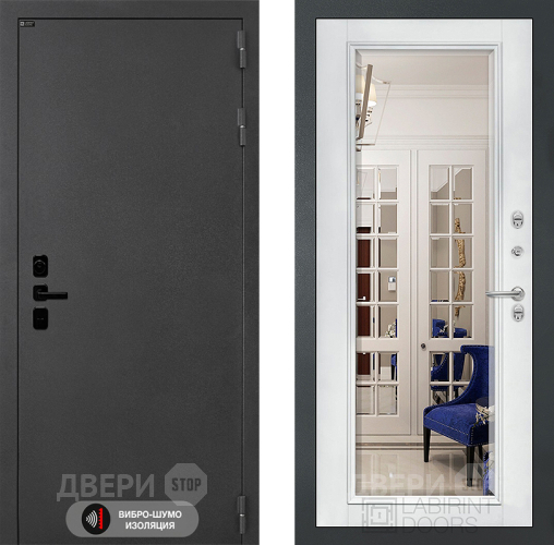 Входная металлическая Дверь Лабиринт (LABIRINT) Acustic Зеркало Фацет с багетом Белый софт в Подольск