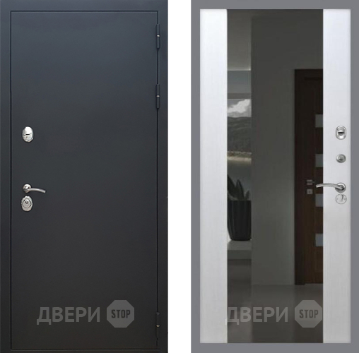 Входная металлическая Дверь Рекс (REX) 5 Черный Муар СБ-16 Зеркало Белый ясень в Подольск