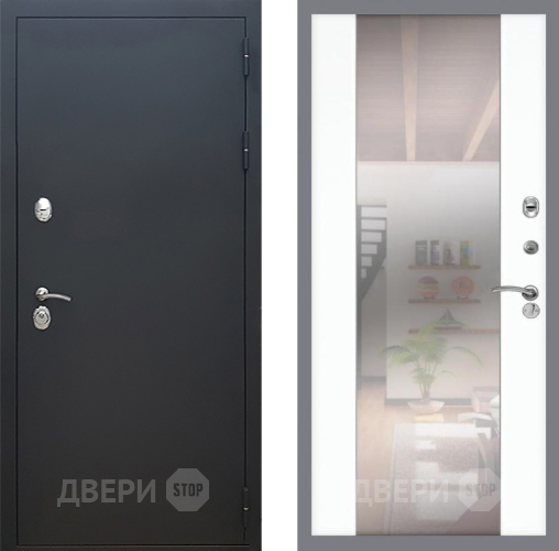 Входная металлическая Дверь Рекс (REX) 5 Черный Муар СБ-16 Зеркало Силк Сноу в Подольск